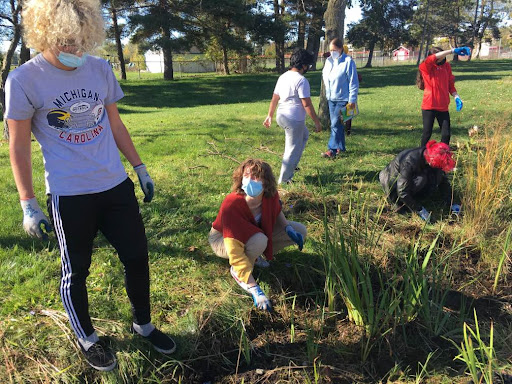 P-CEP's Eco Club conduct  regular maintenance of their rain garden project outside Canton High School.