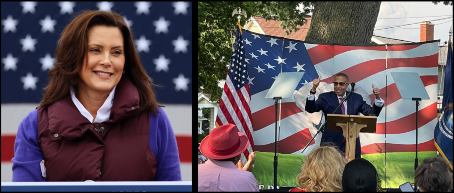 The Facebook profile picture of Democrat Governor Gretchen Whitmer (depicted on the left) is showing her addressing the state in September, while Republican candidate Chief James Craig (depicted on the right) gives a speech addressing victimhood mentality in Jackson, Mich.