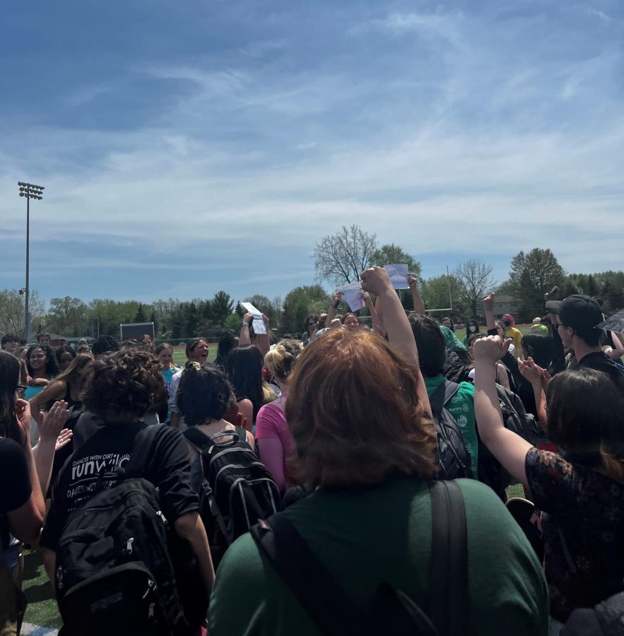 P-CCS students chant the phrase “Pro-life is a lie; they don’t care if people die,” while gathered on the East Turf Stadium near Canton High School. May 12, 2022. 
