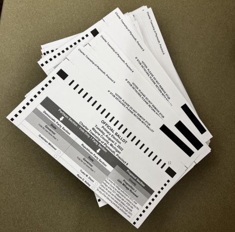 A pile of ballots for Plymouth Townships 8th precinct sits on a table. July 13, 2022. 