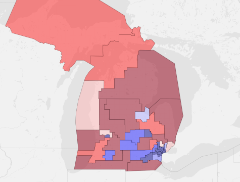 The 38 districts of the Michigan Senate are displayed with the average partisan vote share of all statewide elections between 2016 and 2020. 