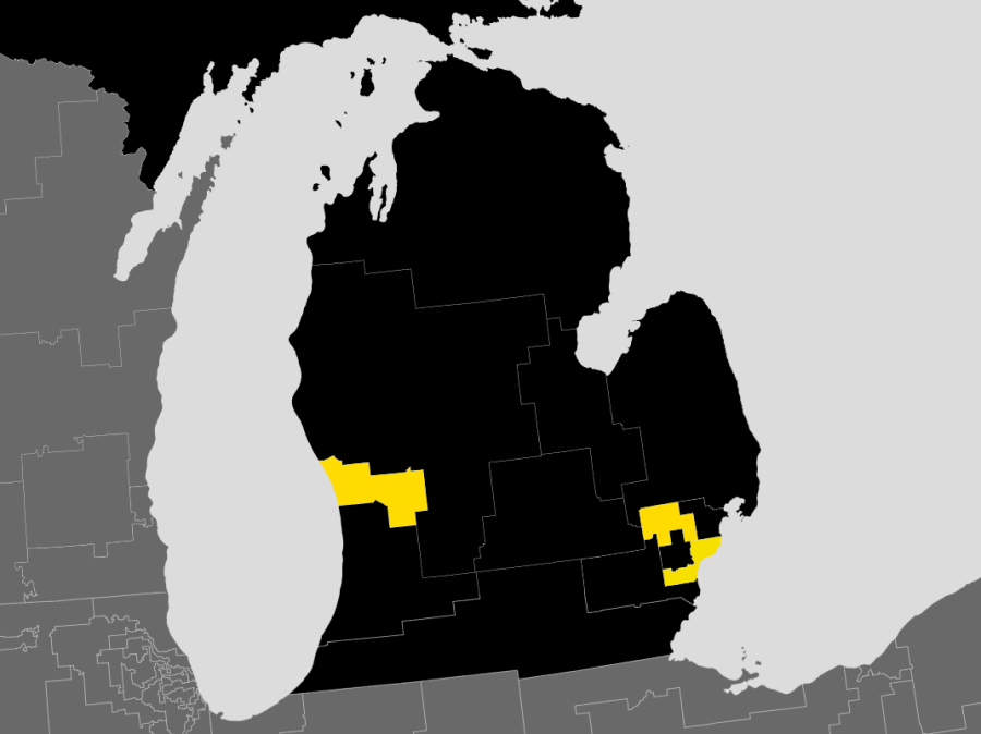 Michigan%E2%80%99s+13+congressional+districts+are+displayed+on+a+map%2C+with+the+highlighted+primary+races+colored+yellow.+August+1%2C+2022.