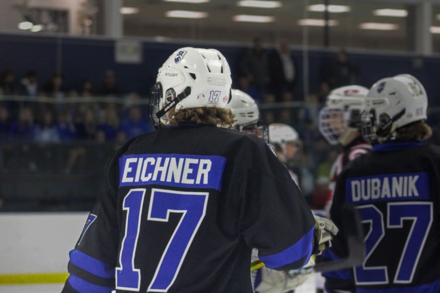 Salem sophomore defenseman Cam Eichner gets ready for the Park rivalry game against Canton at Arctic Edge Ice Arena. December 2, 2022. 
