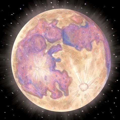 Digital drawing of a full moon, in color. There are purple undertones on the gray, giving the image an ethereal appearance.