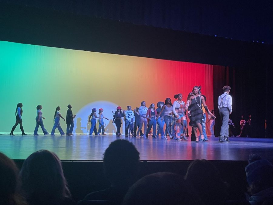 All the students who participated in the fashion show walk the runway together. February 15, 2023.