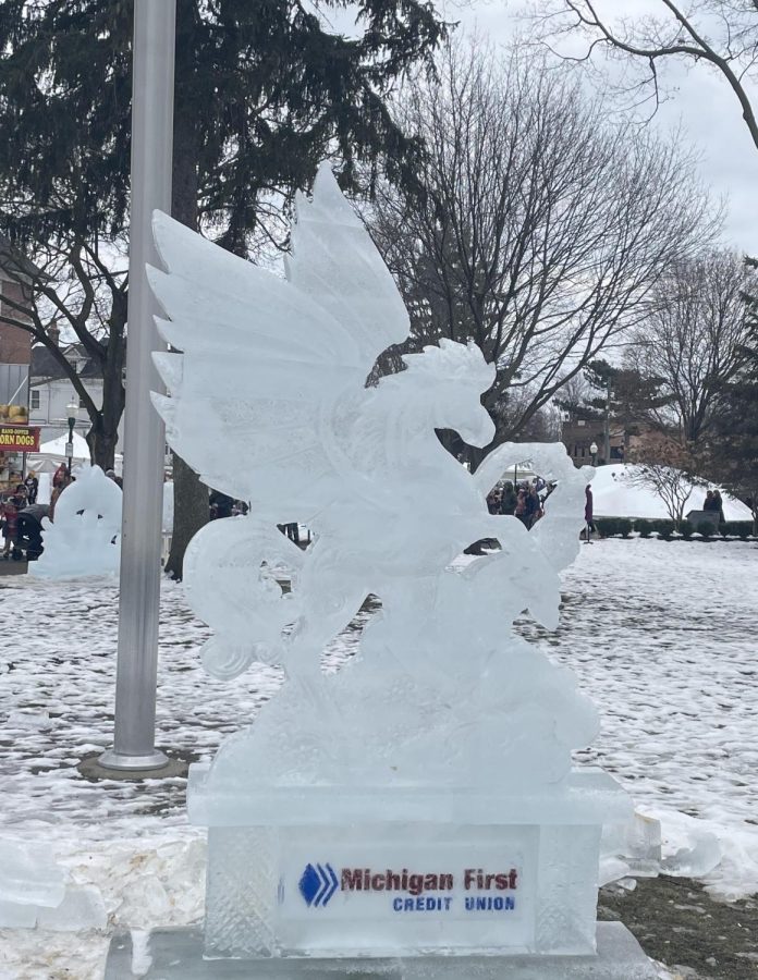 The sculpture of Pegasus, sponsored by The Michigan First Credit Union, stands at the ice festival located in downtown Plymouth, Michigan. February 1, 2023. 