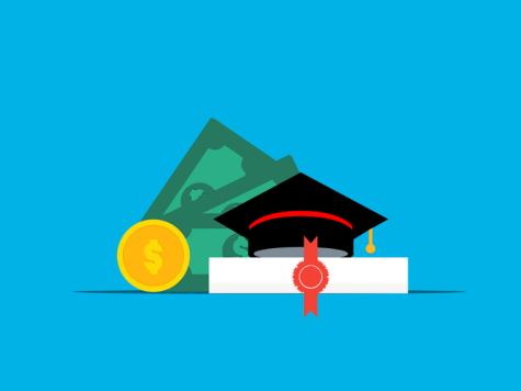 An illustration depicts the costs associated with obtaining a college degree. 