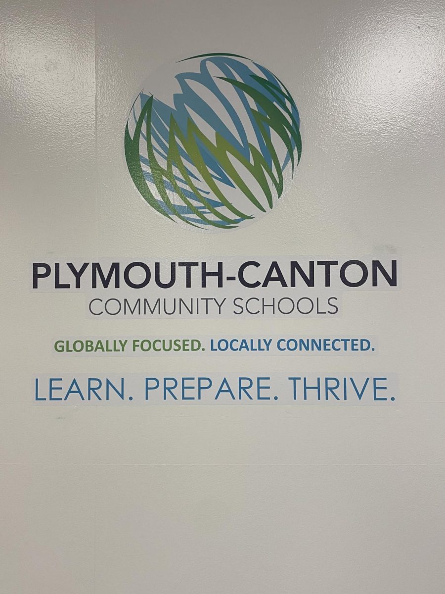 Plymouth-Canton Comunity Schools logo displayed in the Canton Presentation room. Oct. 4, 2023.