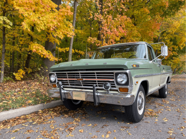 Kyra Burkhardt’s 1969 Ford Ranger Camper Special truck, which she has been repairing for three years, is parked on the side of a road. October 31, 2021.