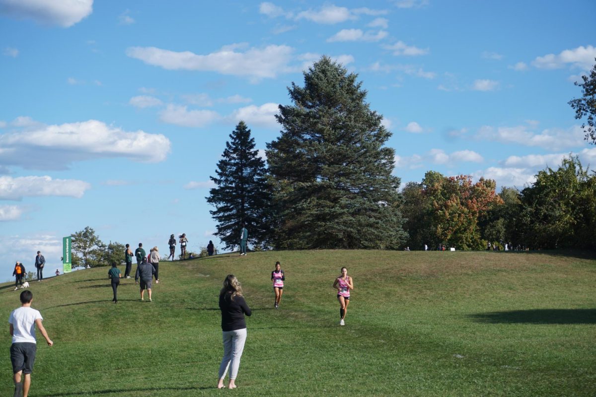 Girls from the Novi Cross-Country team race down a hill on the Cass Benton course toward the finish. Oct. 8, 2024.