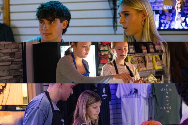 (top photo) Canton seniors Charlie Schornhorst (left) and Avery Fox (right) work at The Canton Connection; (middle photo) Salem seniors Ellie Tabor (left) and Cali Schwartzenberger (right) serve at The Rock Shop; and (bottom photo) Plymouth seniors Jawad Khanafer (left) and Brooke McMann (right) tend The Den.