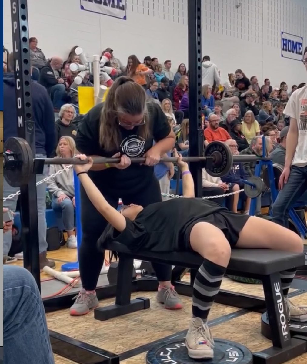 Wendy Carlisle spots Plymouth sophomore Chelsea Lai on bench at the MHSPLA JV State Meet. March 2, 2024 Picture courtesy of Chelsea Lai