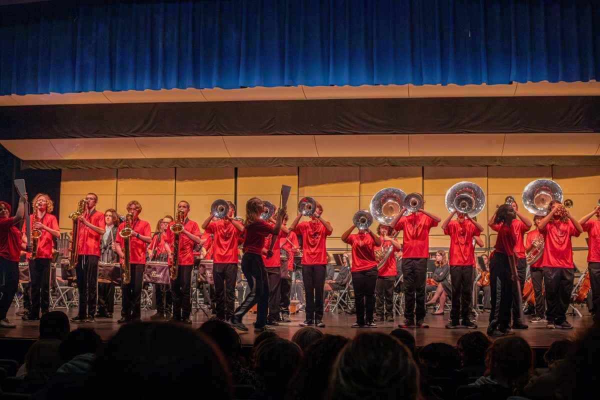 Members of the P-CEP Marching Band and Colorguard perform the opening act of the Collage Concert for the P-CCS eighth graders attending the show held in the Gloria Logan Auditorium at Salem High School, Feb. 5, 2025. 