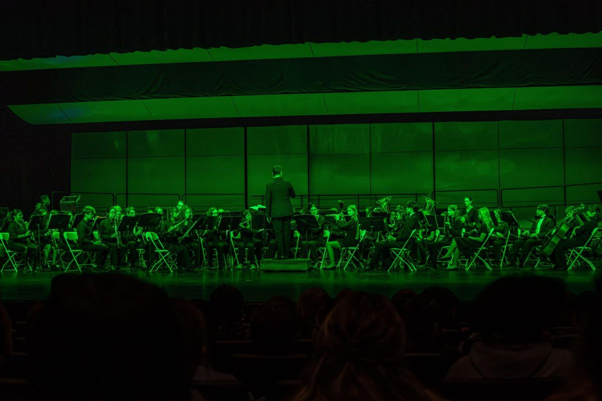 The P-CEP Wind Ensemble performs music from the movie “Wicked” at the Collage Concert held in the Gloria Logan Auditorium at Salem High School, Feb. 5, 2025.