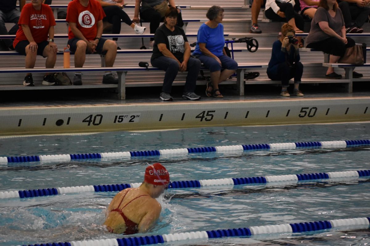 Canton senior Hannah Gurgel comes up for breath during the 100 breastroke, where she earned a time of 1:09.63 during the swim meet against Salem. September 25, 2025. Photo courtesy of Rosie Ellinger.