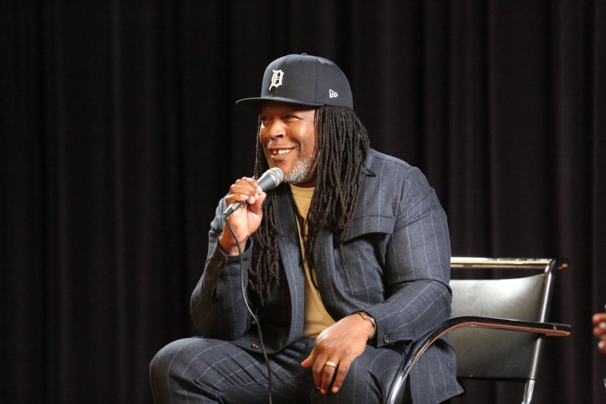 Shaka Senghor soaks in the excitement the Detroit audience displayed when he sat down on the stage at the Detroit Public Library for the Q&A session with Sebastion Jackson. Sept. 17, 2025.