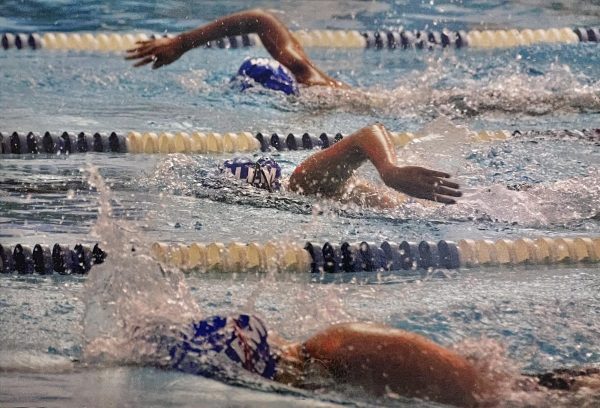 Salem's swim hallway door shows collage of various photos taken at swim events. February 17, 2026.