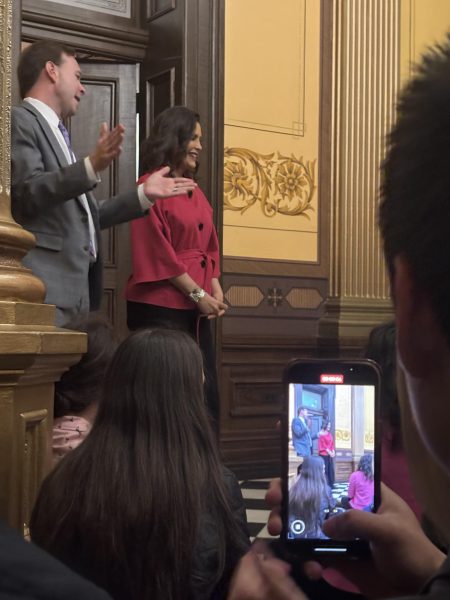 Gov. Gretchen Whitmer signed phone restriction bills into law Feb. 10. Last school year, P-CEP students took a field trip to the Michigan State Capitol with Rep. Matt Koleszar (D-Mich. 22) where Gov. Whitmer surprised students during the tour. May 22, 2025.